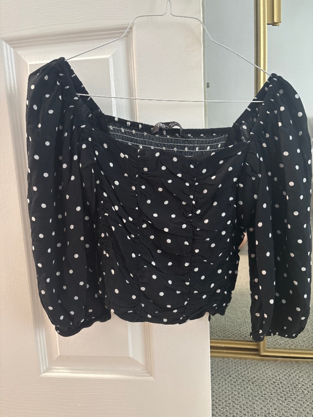 Zara Polka Dot Ruched Puff Sleeve Crop Top Black White L Smocked Square Neck